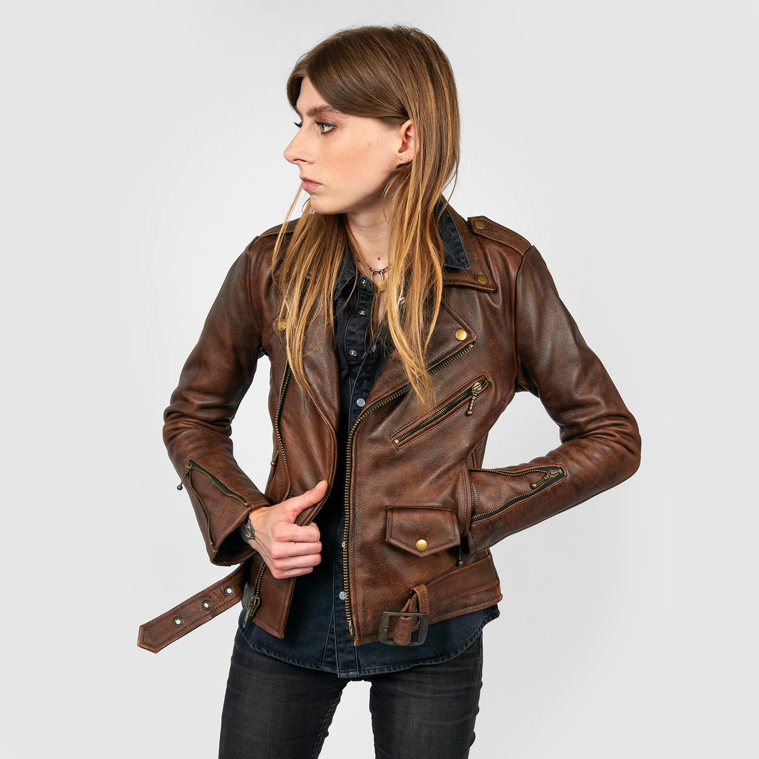 Commando Washed Brown Leather Jacket With Brass Hardware Size Xs Commando Washed Brown Leather Jacket