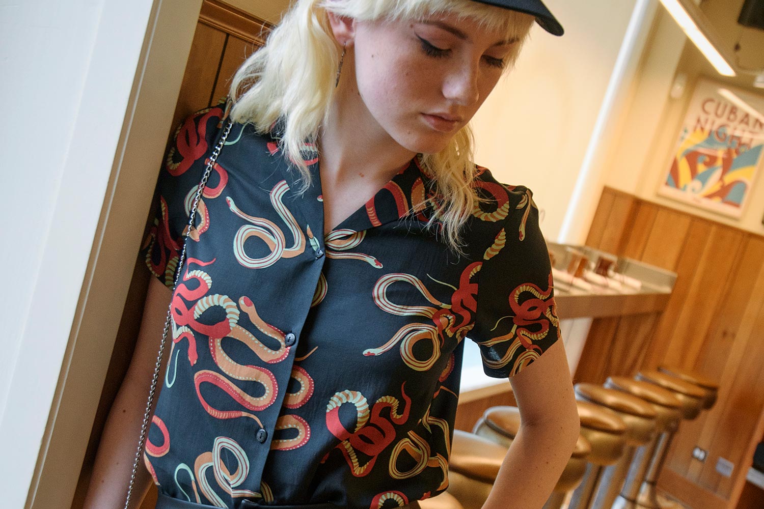 Snake Dance Blues short sleeve button up shirt with snake illustrations
