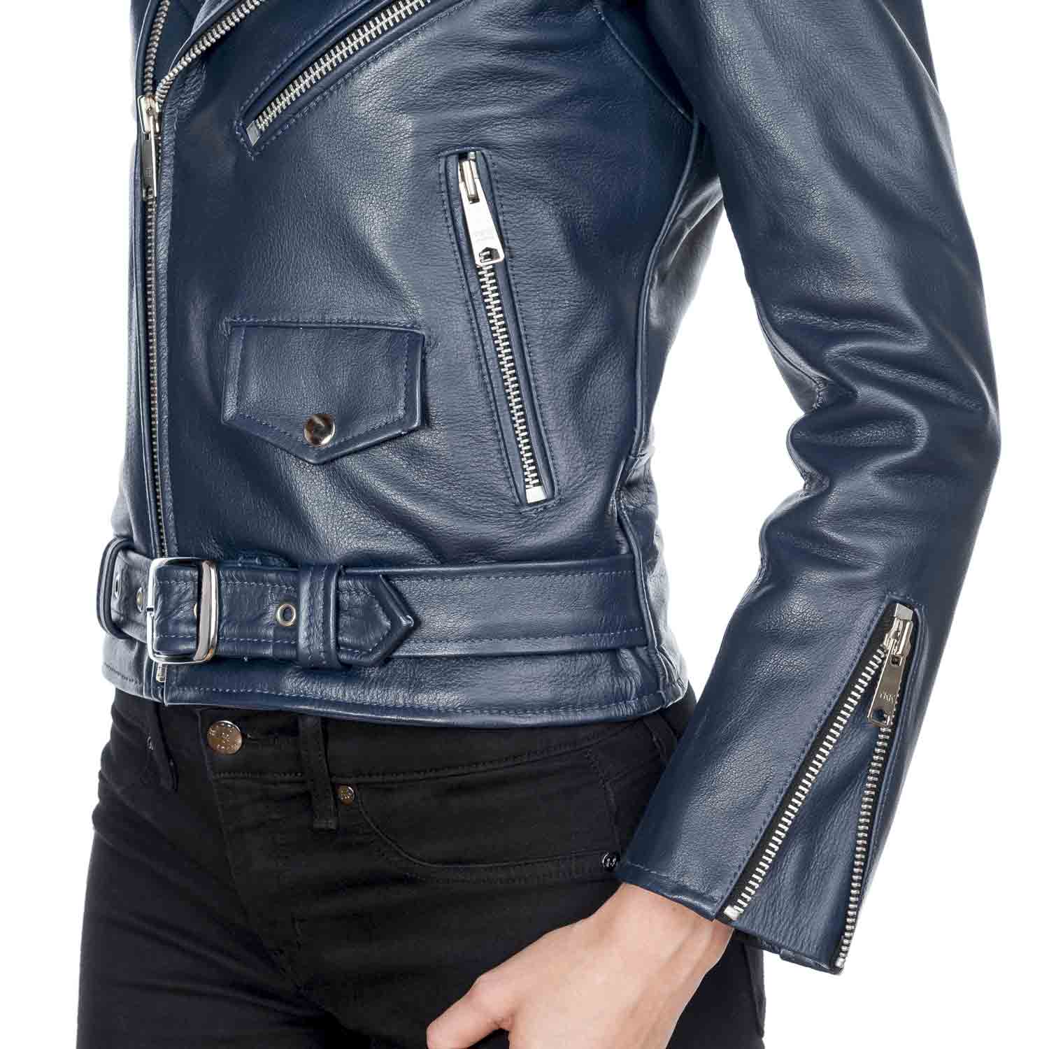 Commando Leather Jacket Midnight Blue With Nickel Hardware Lady Com Blu Open 2017 Side Wrist Zipped Lapel Back