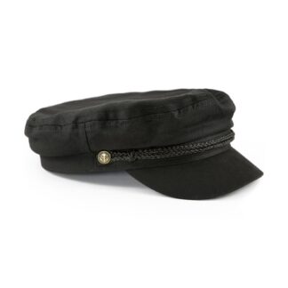 Twill fisherman hat with custom hardware, nylon rope, and striped lining