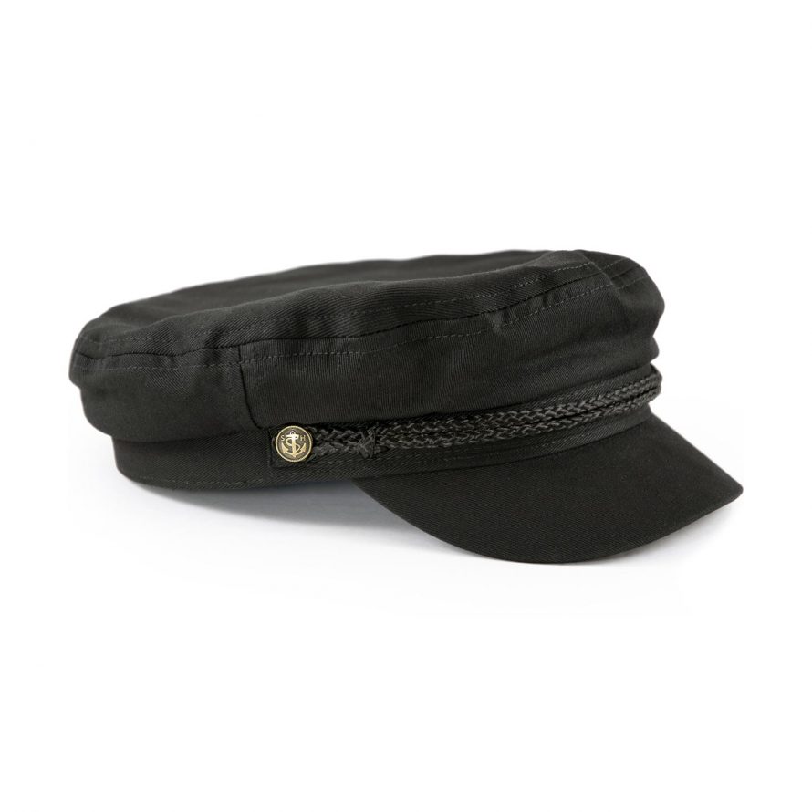 Twill fisherman hat with custom hardware, nylon rope, and striped lining