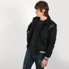 Fitted varsity jacket, wool-blend, snap closure, and artificial leather shoulder details and under collar.