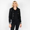 Fitted varsity jacket, wool-blend, snap closure, and artificial leather shoulder details and under collar