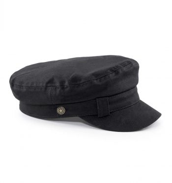 Black fisherman hat with stylish front band and loops, custom hardware, and colored lining.