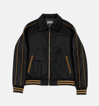 Fitted varsity jacket, black and bronze wool-blend with piping on the raglan sleeves.