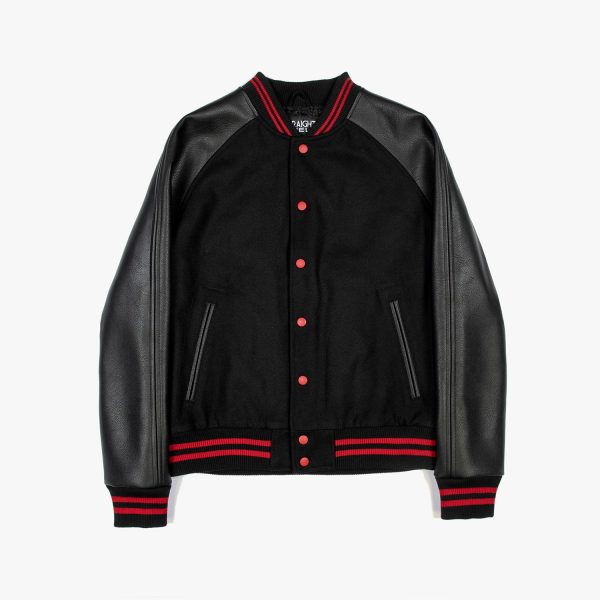 Volume fitted varsity jacket, wool-blend, snap closure, and artificial leather raglan sleeves.