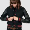 Fitted varsity jacket, wool-blend, snap closure, and artificial leather raglan sleeves.