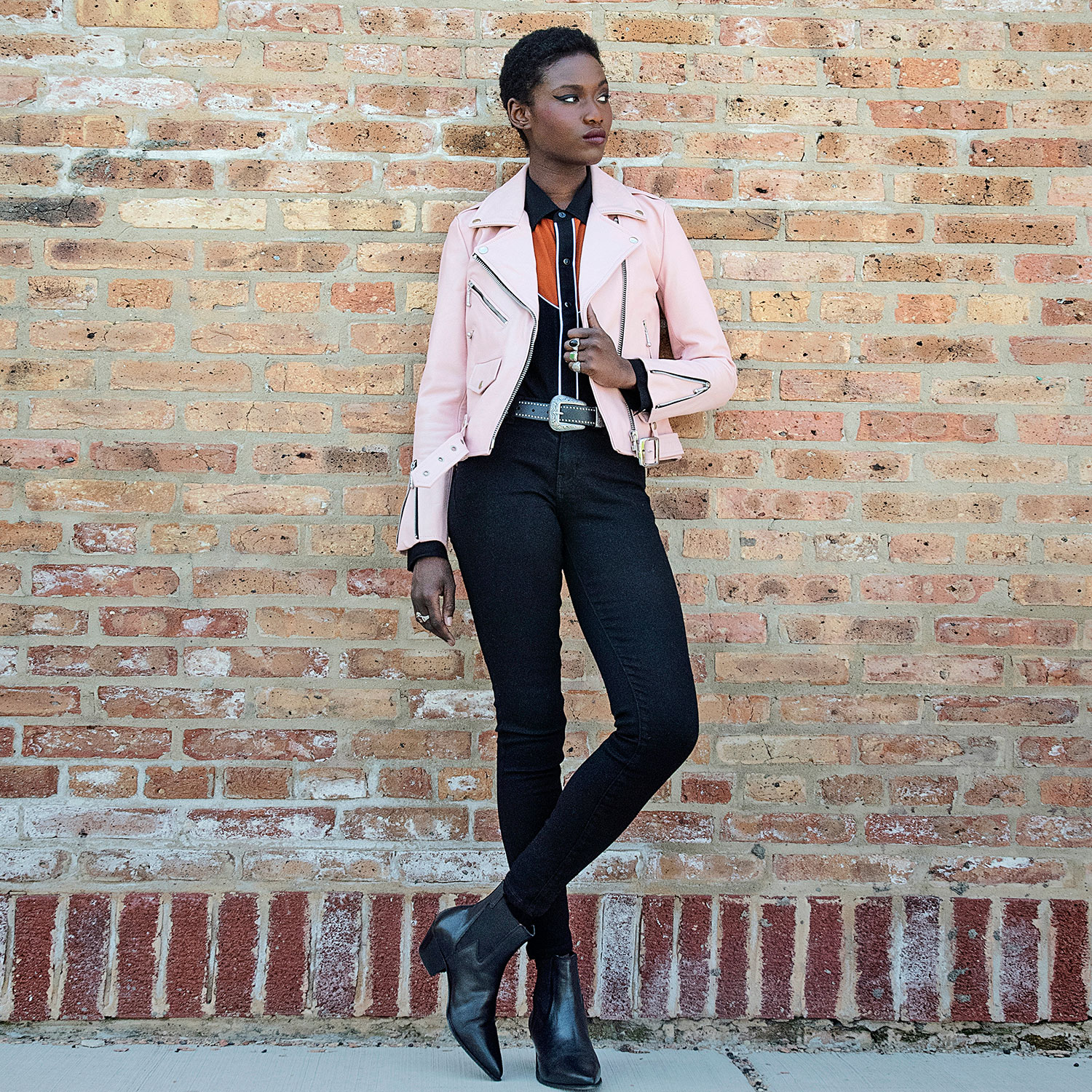 what to wear with a pink leather jacket