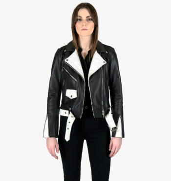 The Commando is our most traditional and recognizable leather jacket, now featuring black and white leather