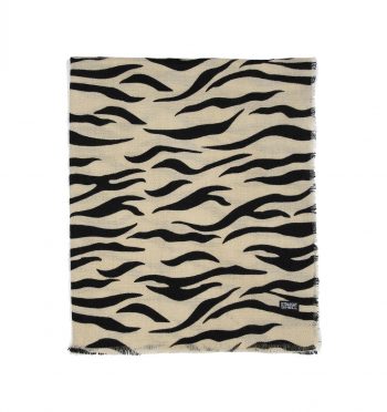 Tiger striped pattern, medium weight, 75” long scarf. Wraps comfortably around the neck or lays flat against the body.