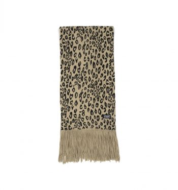 Cheetah weaving, medium weight, 64” long scarf. Casually wraps around the neck or lays flat against the body.