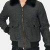 Grey houndstooth wool-blend with fitted, classic flight jacket details