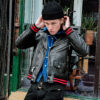 Baron men's black leather jacket with black and red elastic detail