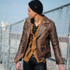 Commando brown men's leather jacket with brass hardware