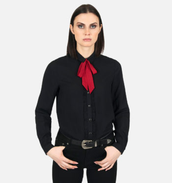 Lula Fortune women's black long sleeve shirt with red bow