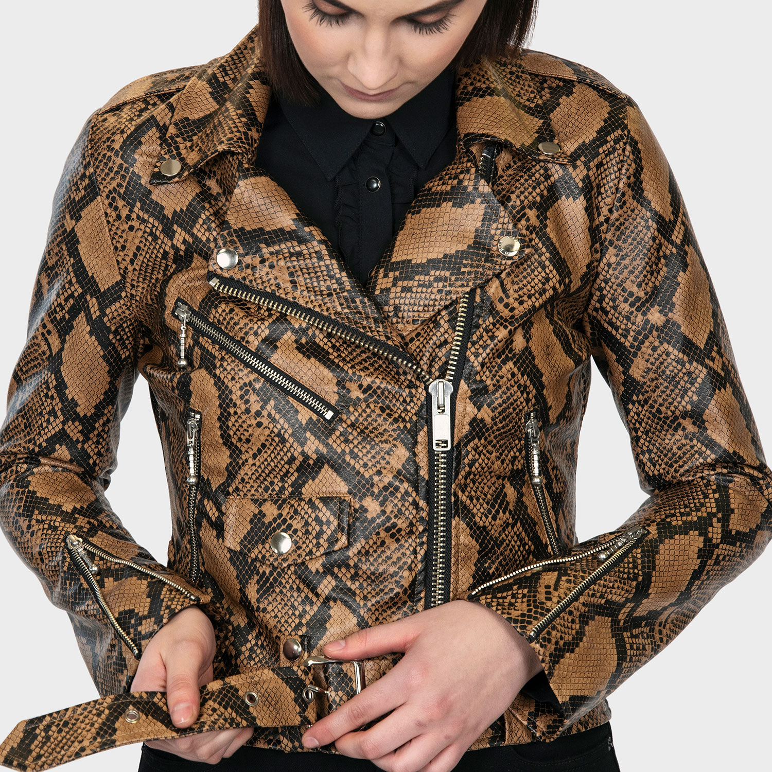 Women's Faux Leather Snakeskin Print Moto Jacket