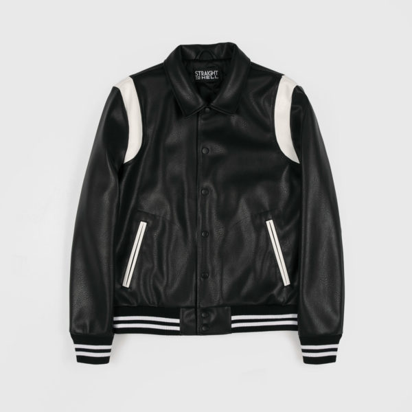 Jet Black and White Artificial Leather. Fitted varsity jacket, textured and grainy artificial leather with snap closure.