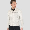 Jackson jacket. Fitted, off-white velvet with black lining, black piping, and diamond snap closure.