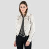 Jackson jacket. Fitted, off-white velvet with black lining, black piping, and diamond snap closure.