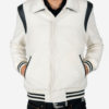 Jet. Fitted varsity jacket, wool-blend, snap closure, and artificial leather shoulder details and under collar.
