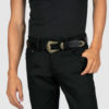 Leather belt with smooth, full grain leather. Stainless steel buckle with western floral detail.