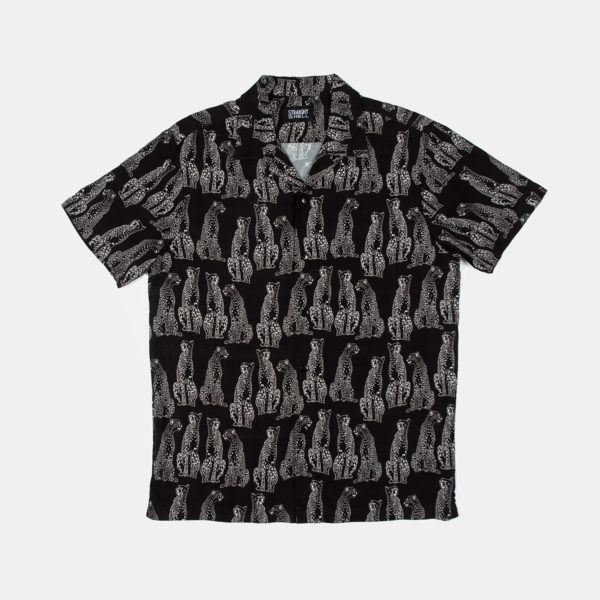 Short sleeve button up camp shirt with spread collar, featuring our Laying Plans cheetah artwork.