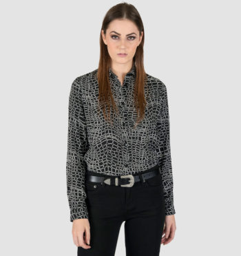 Long sleeve button up shirt featuring our reptile print artwork.