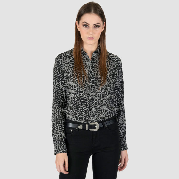 Long sleeve button up shirt featuring our reptile print artwork.