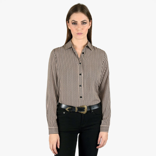 Long sleeve button up shirt with stripes and tiny stars.