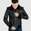 The Avondale flight jacket features a shearling collar,