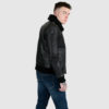 The Avondale flight jacket features a shearling collar,