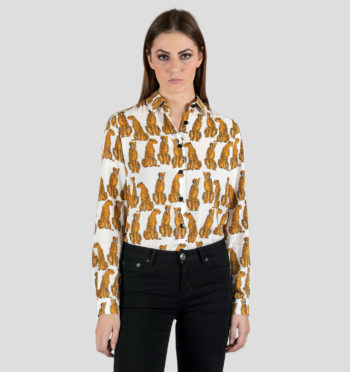 Long sleeve button up shirt featuring our Laying Plans cheetah artwork.