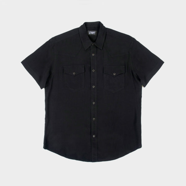 Short sleeve button up western shirt with snap closure.