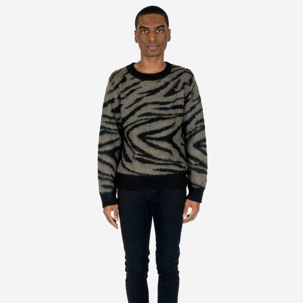 Tiger striped grey and black knit sweater.