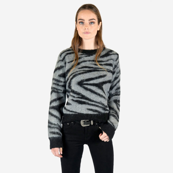 Tiger striped grey and black knit sweater.