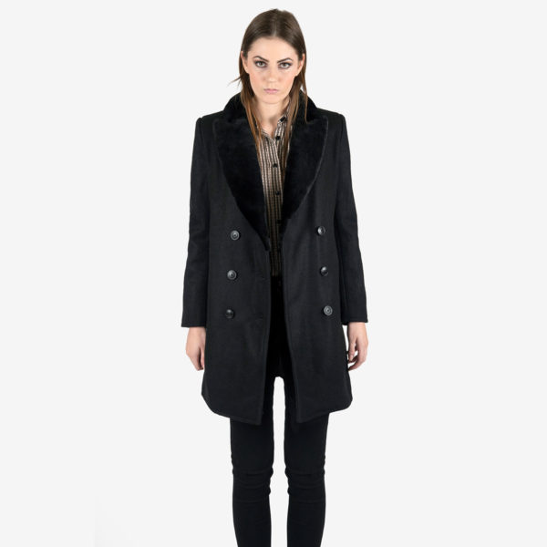 The Augustine is a stylish, warm, wool-blend winter coat that features a shearling collar and notched shearling lapels.
