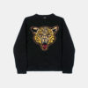 Black sweater with our jacquard knit Gabrielle cheetah face.