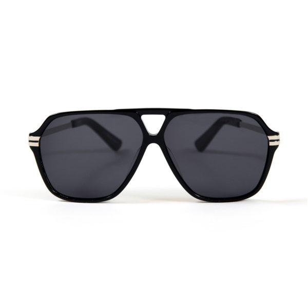Aviator sunglasses with hand-crafted, black acetate frames.