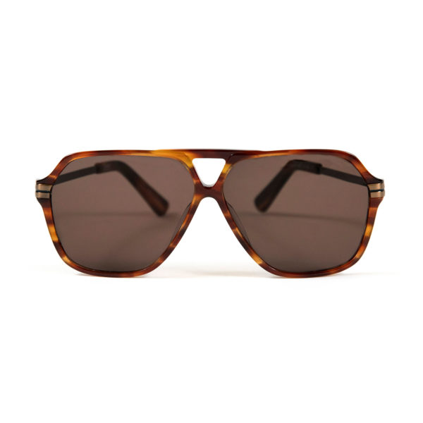 Aviator sunglasses with hand-crafted, brown Havana acetate frames.
