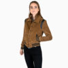 Fitted varsity jacket, tobacco brown corduroy, snap closure, and artificial leather shoulder details and under collar.