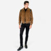 Fitted varsity jacket, tobacco brown corduroy, snap closure, and artificial leather shoulder details and under collar.