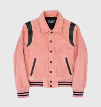 Fitted varsity jacket, vintage pink corduroy, snap closure, and artificial leather shoulder details and under collar.
