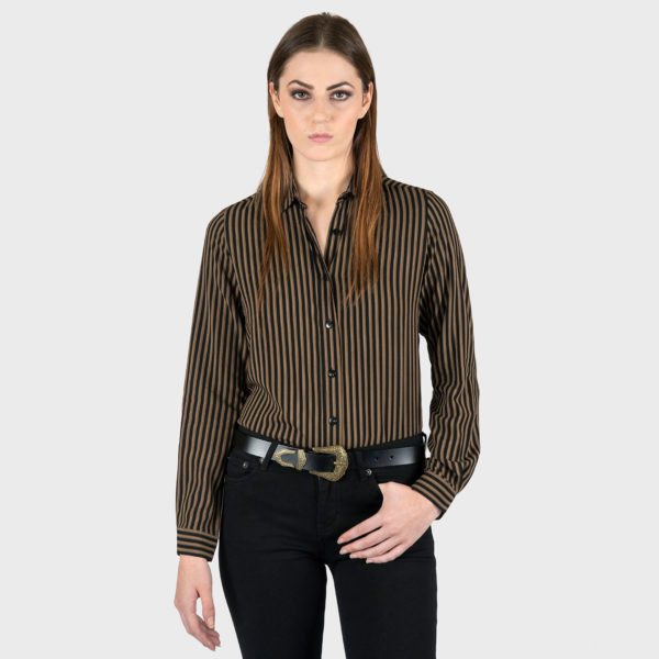 Long sleeve button up, three-color striped shirt.