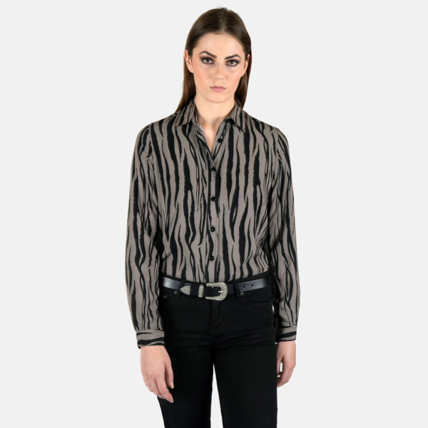 Long sleeve button up tiger striped shirt.
