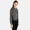 Long sleeve button up tiger striped shirt.