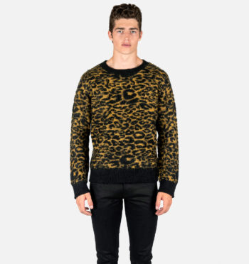 Dark yellow leopard and black knit sweater.