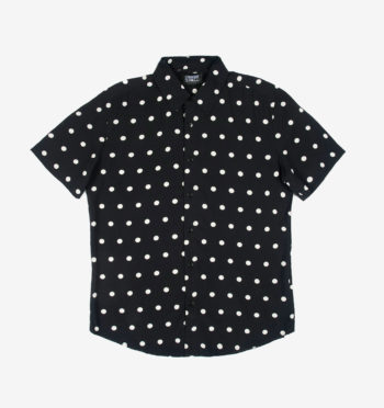 Short sleeve black button up shirt with white polka dots.