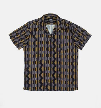 Short sleeve button up camp shirt with vintage-inspired artwork and spread collar.