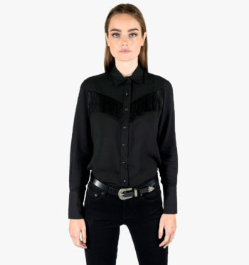 Long sleeve button up western shirt with fringe and snap closure.