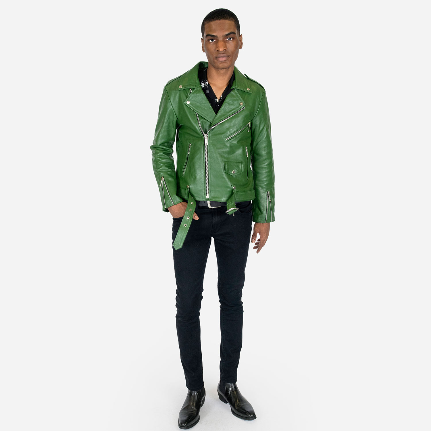 Moffit Distressed Dark Green Leather Jacket Mens - HGH-096